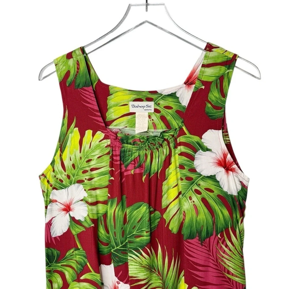 Vintage Hawaiian Red Floral Palm Pleated Square Neck Women’s Tank Blouse Sz M - Picture 2 of 10
